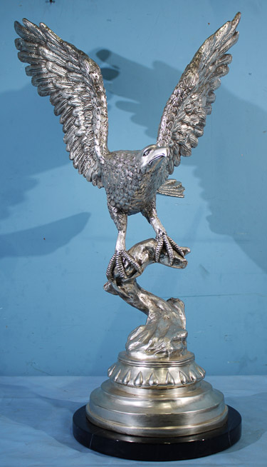 010a - Very large metal eagle with spread wings painted silver, 35 in. T, 14 in. R.
